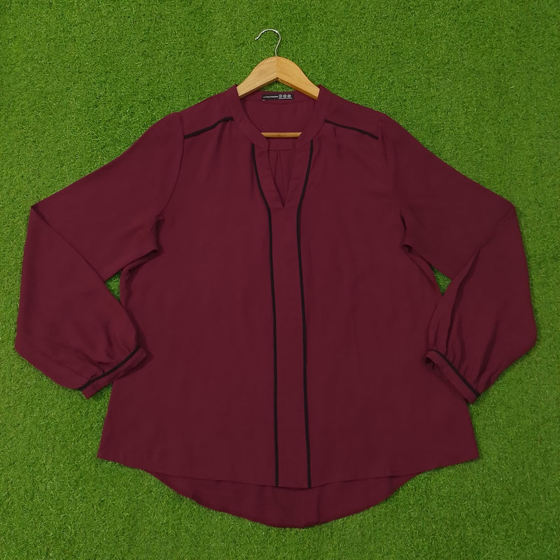 Wine Chiffon V-Neck Placket Full Sleeve Top