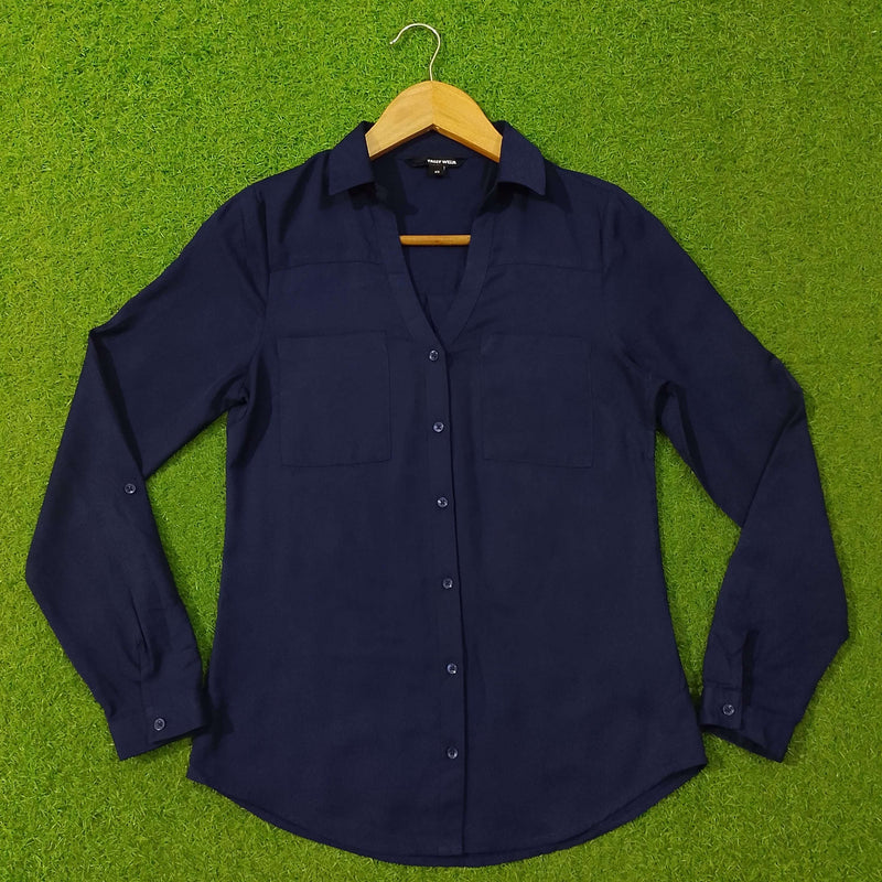 Navy Blue Chiffon Button-Down Shirt with Dual Chest Pockets western preloved