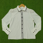 White Chiffon Black Piping Puff Sleeve Button-Down Shirt