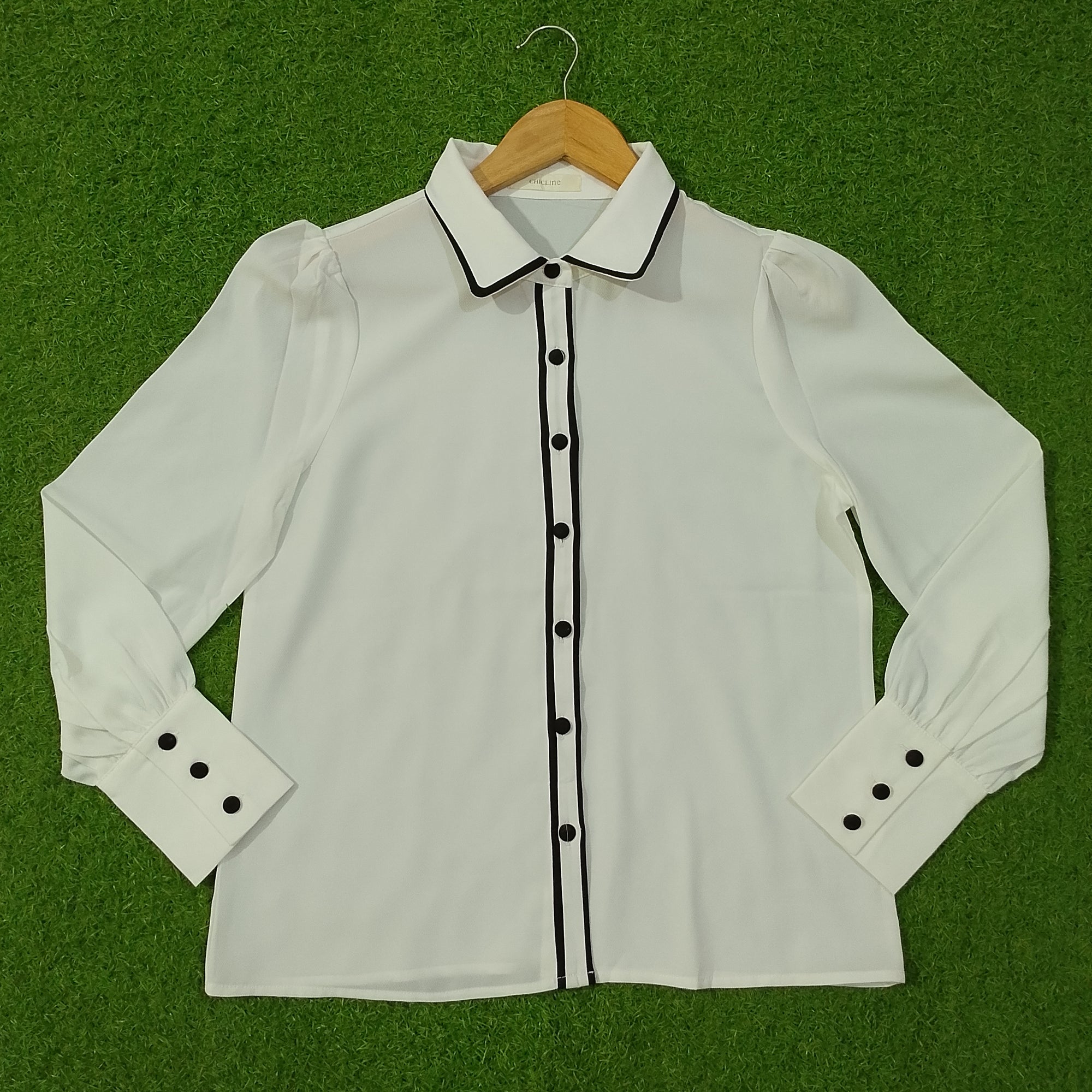 White Chiffon Black Piping Puff Sleeve Button-Down Shirt