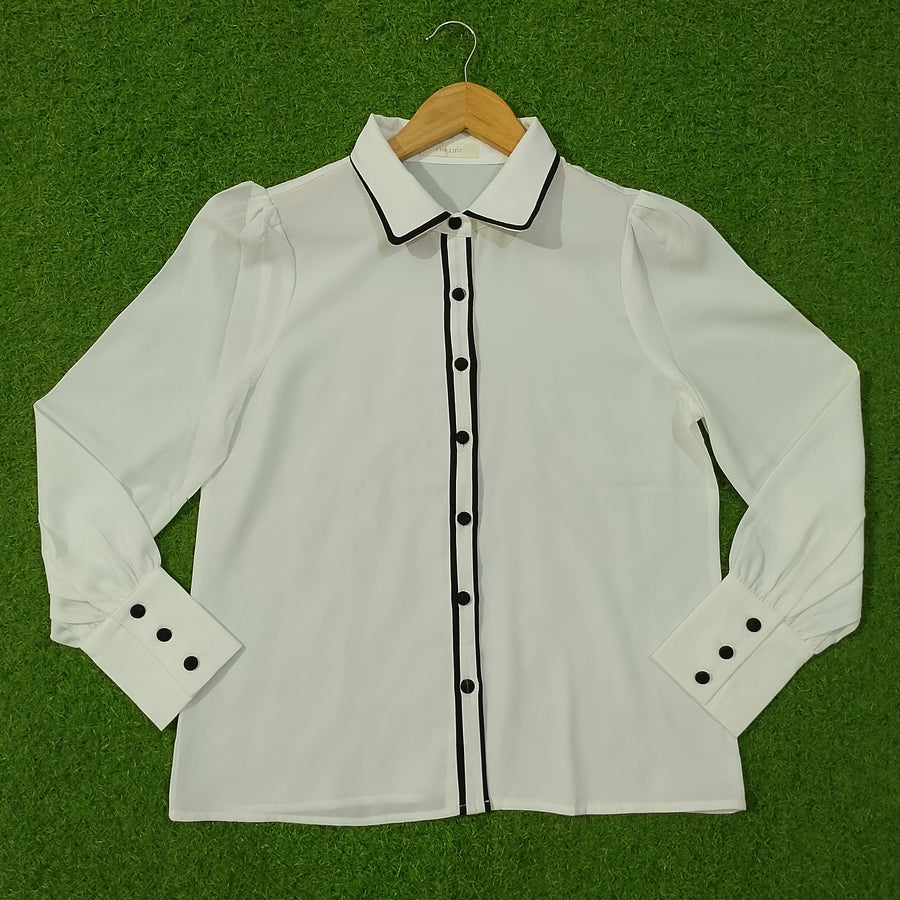 White Chiffon Black Piping Puff Sleeve Button-Down Shirt