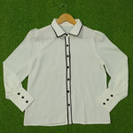 White Chiffon Black Piping Puff Sleeve Button-Down Shirt