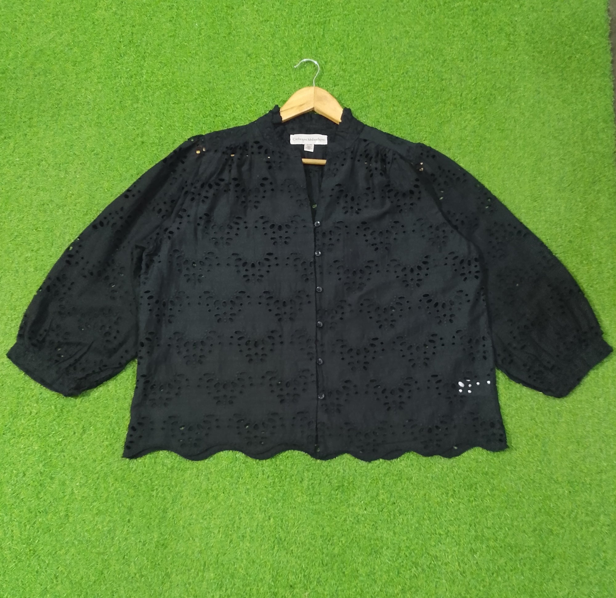 Eyelet Cutwork Scallop-Hem Button-Down Blouse
