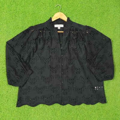Eyelet Cutwork Scallop-Hem Button-Down Blouse - alternate view