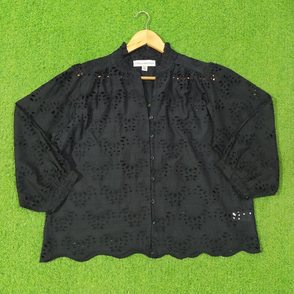 Eyelet Cutwork Scallop-Hem Button-Down Blouse