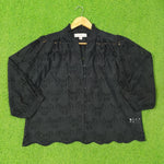 Eyelet Cutwork Scallop-Hem Button-Down Blouse