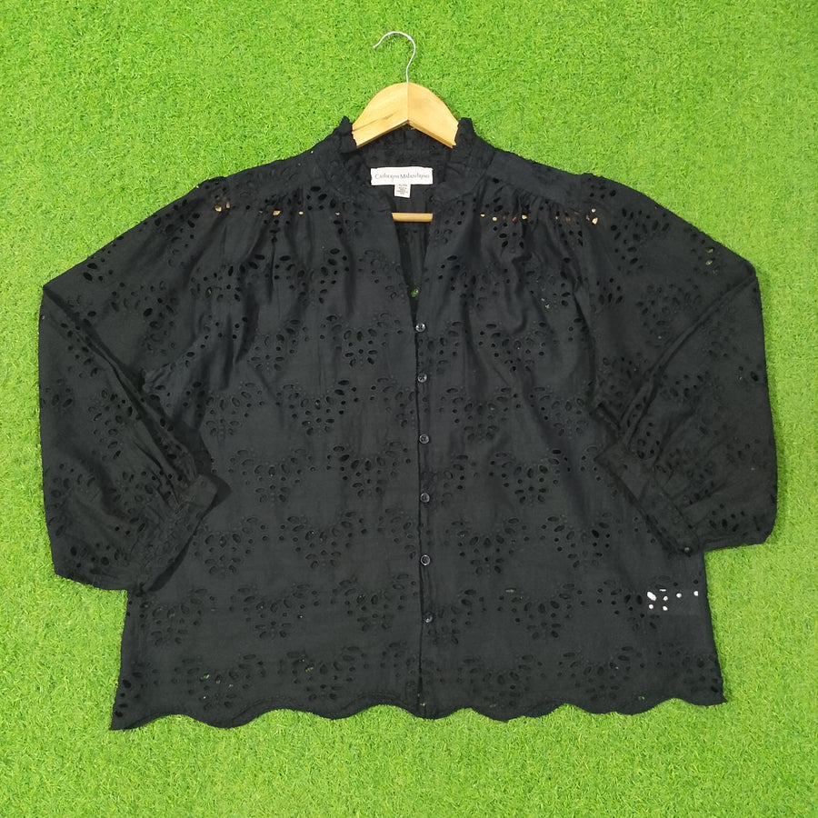 Eyelet Cutwork Scallop-Hem Button-Down Blouse - alternate view