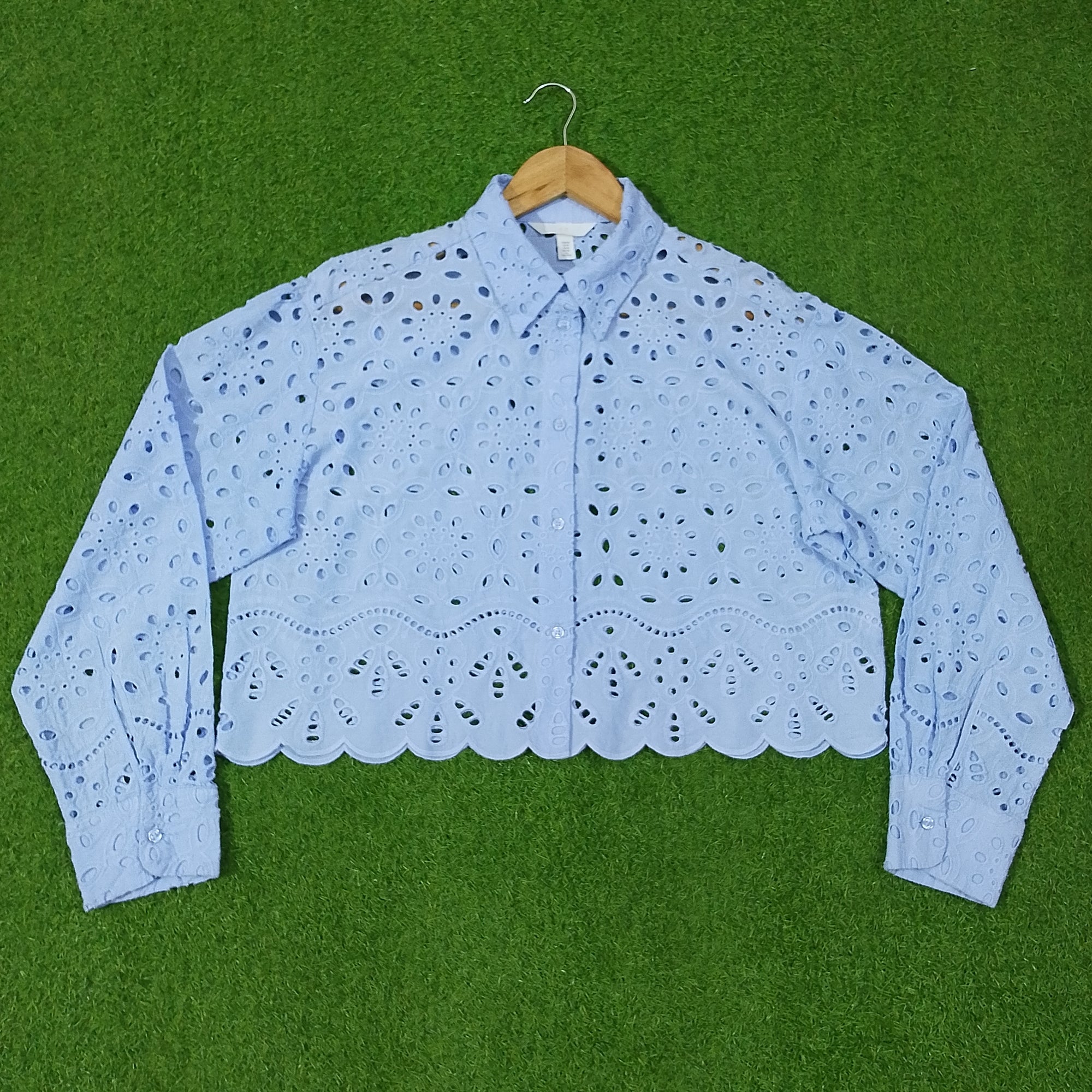 Cropped Eyelet Scallop-Hem Button-Down Crop Top