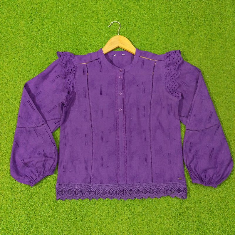 Eyelet Ruffle-Shoulder Lace-Hem Button-Down Blouse