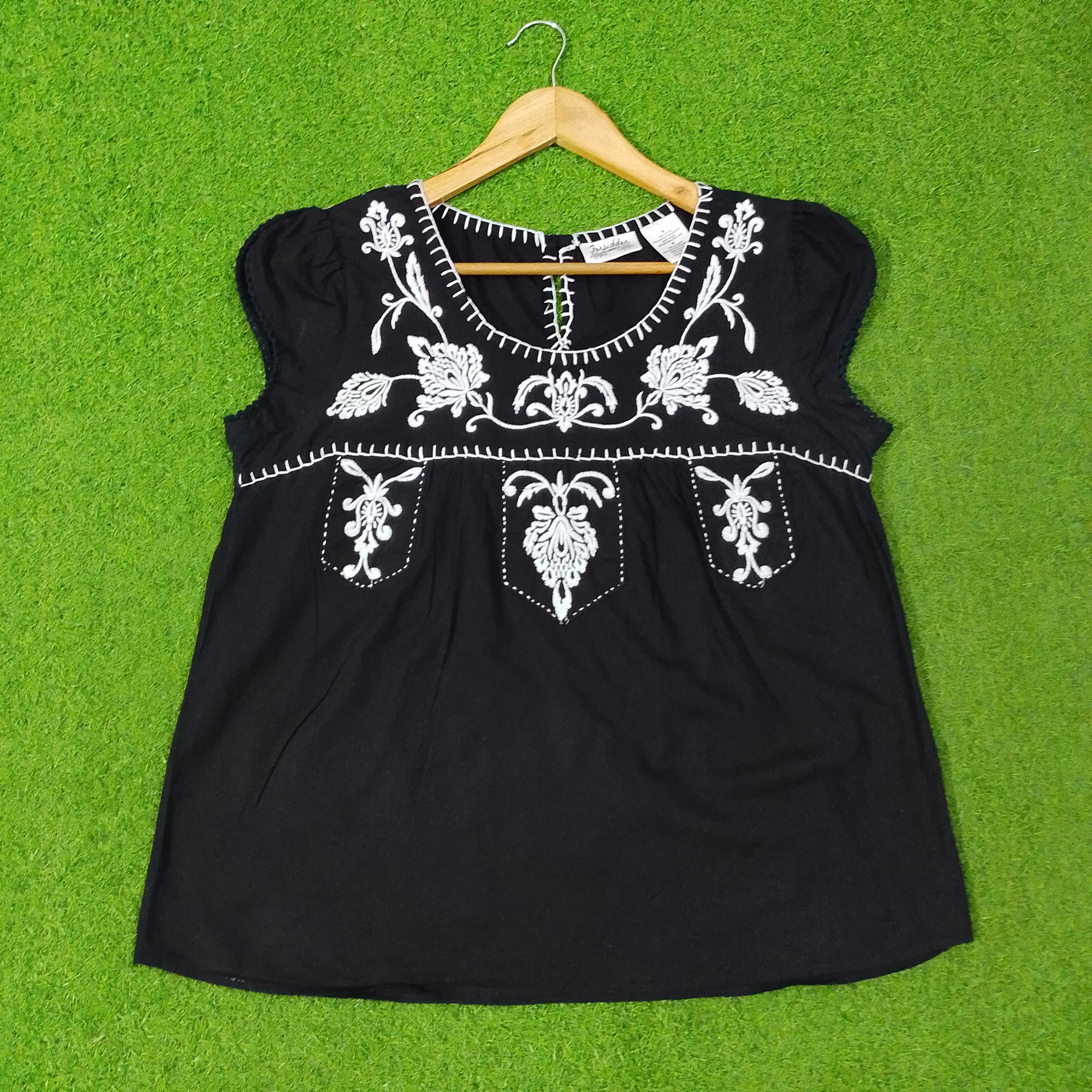 Floral Embroidered Cap-Sleeve Smock Blouse