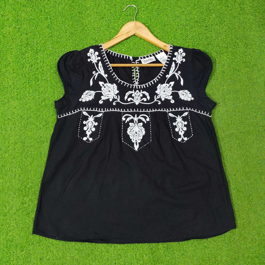 Floral Embroidered Cap-Sleeve Smock Blouse western preloved