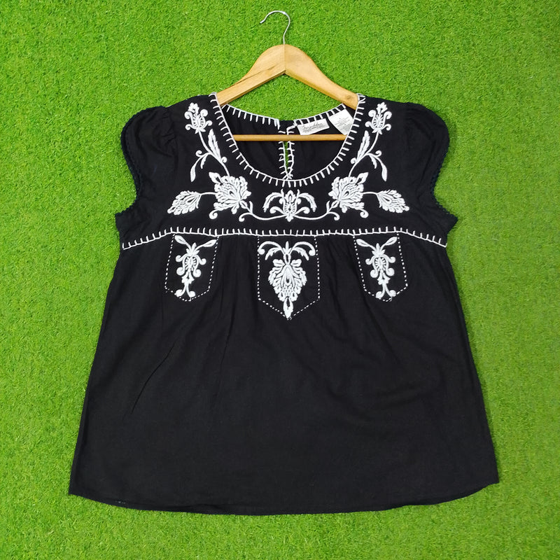 Floral Embroidered Cap-Sleeve Smock Blouse
