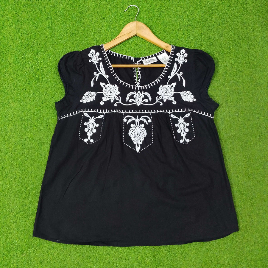 Floral Embroidered Cap-Sleeve Smock Blouse western preloved