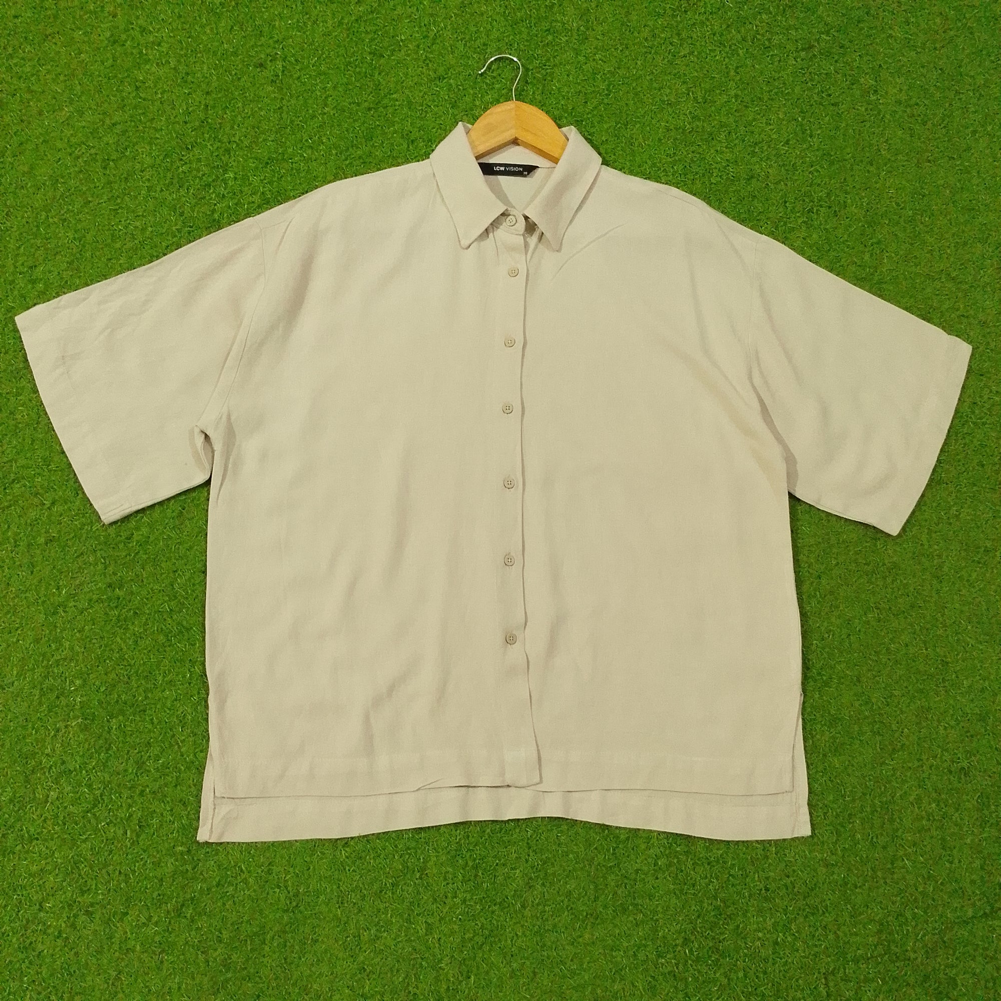 Oversized Short-Sleeve Point-Collar Button-Down Shirt