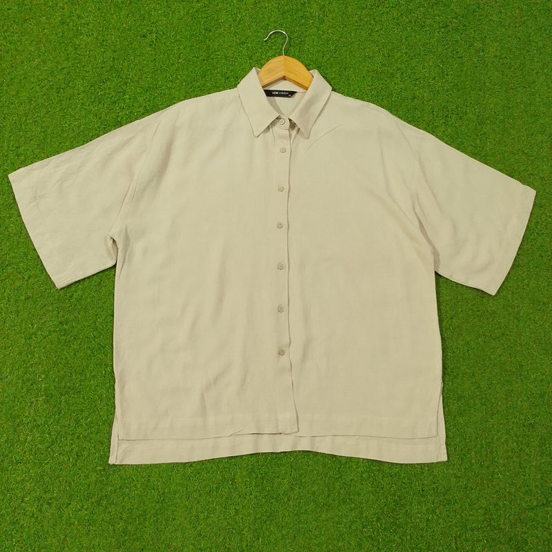 Oversized Short-Sleeve Point-Collar Button-Down Shirt