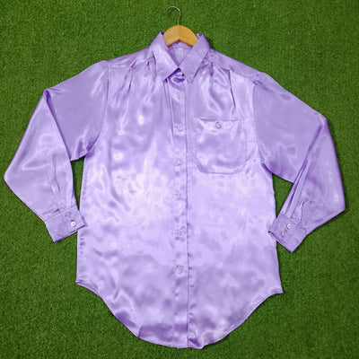 Purple satin shirt on a hanger against a green background - alternate view