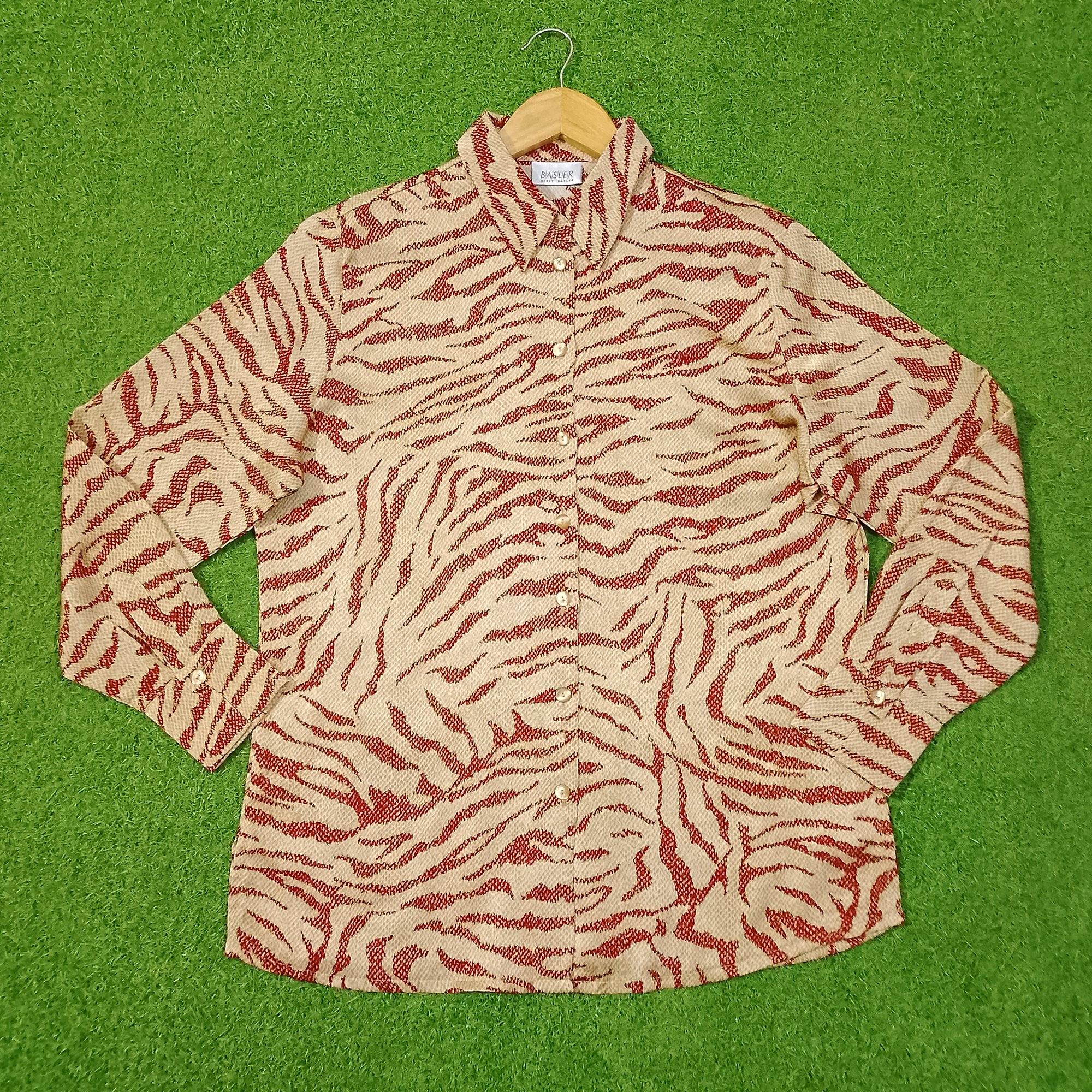 Beige Red Zebra Print Ruffle Collar Full Sleeve Shirt