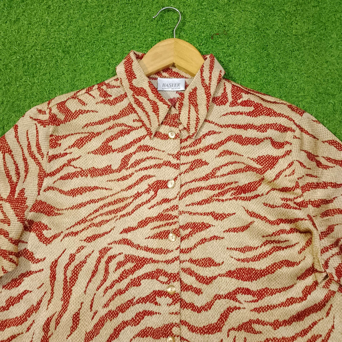 Beige Red Zebra Print Ruffle Collar Full Sleeve Shirt western preloved