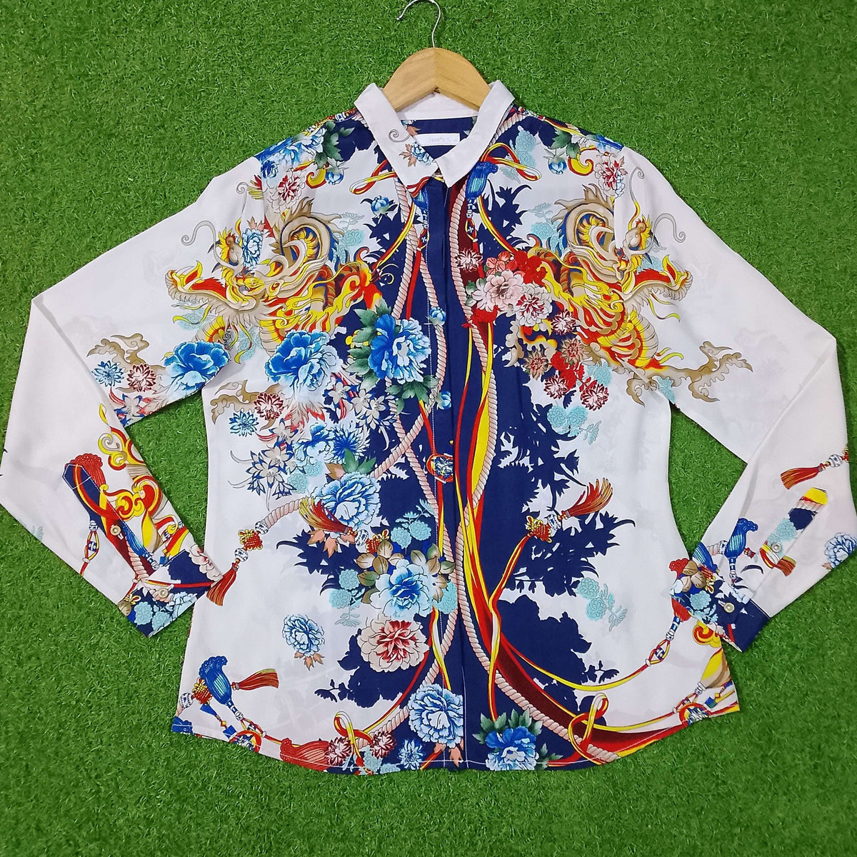 White Blue Dragon Floral Print Full Sleeve Shirt western preloved
