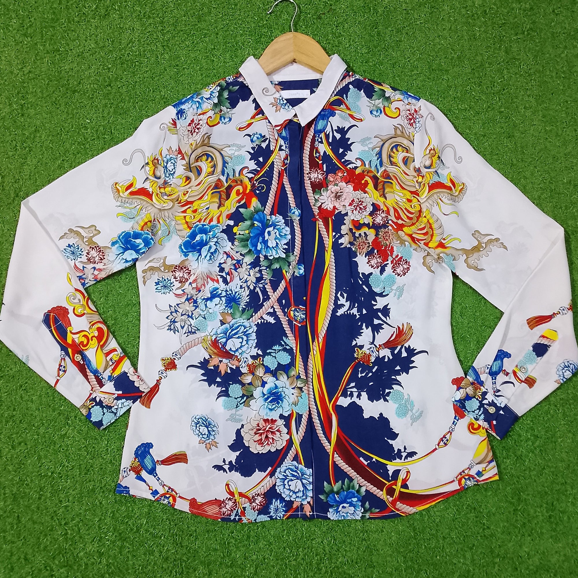 White Blue Dragon Floral Print Full Sleeve Shirt