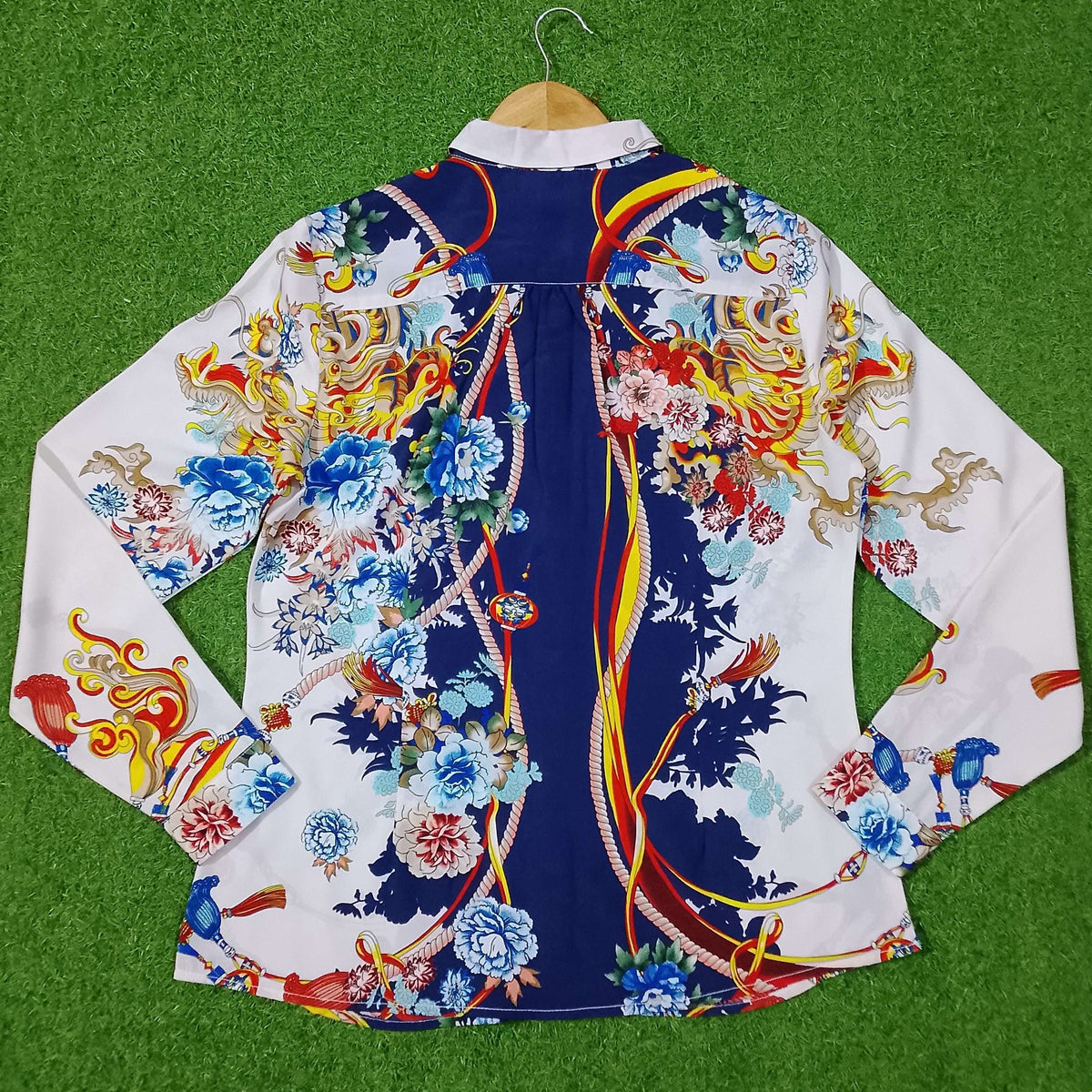 White Blue Dragon Floral Print Full Sleeve Shirt western preloved