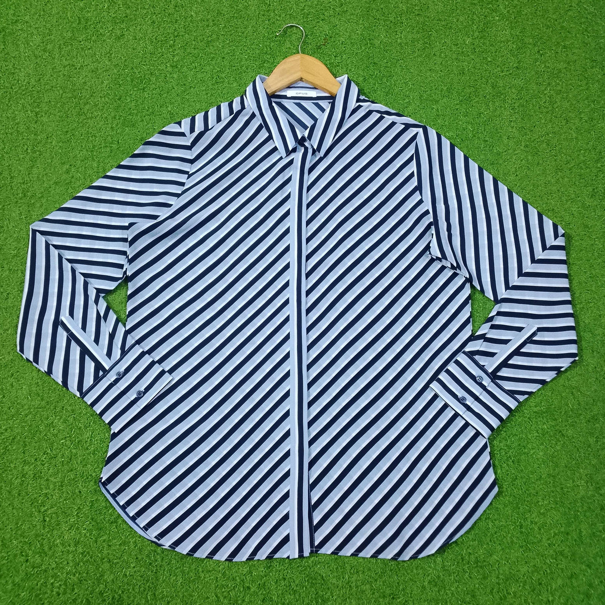 Blue and white striped shirt on a green background