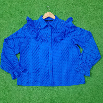 Royal Blue Eyelet Ruffle Shoulder Full Sleeve Shirt western preloved - alternate view