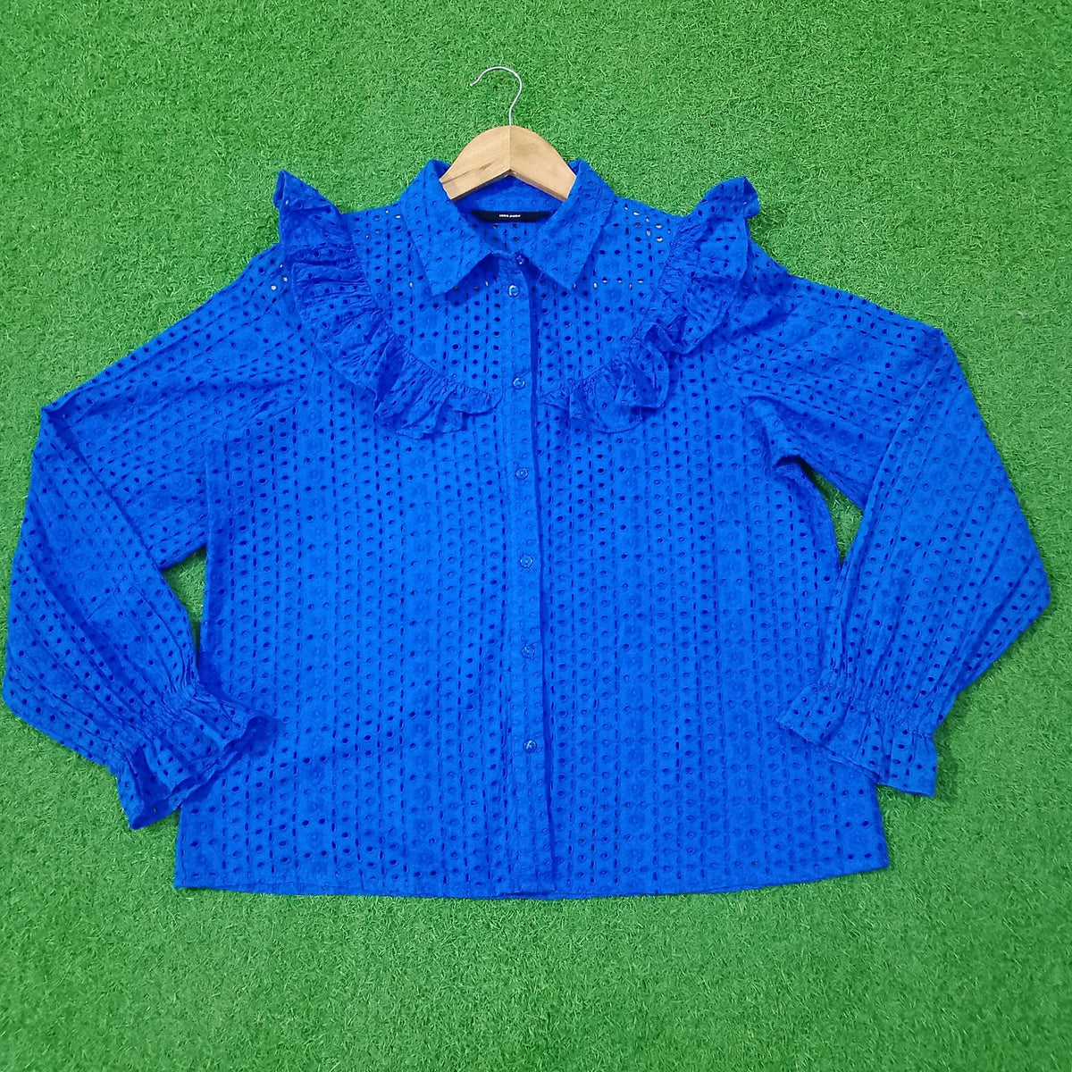Royal Blue Eyelet Ruffle Shoulder Full Sleeve Shirt western preloved