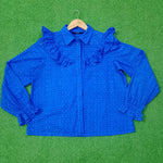 Royal Blue Eyelet Ruffle Shoulder Full Sleeve Shirt