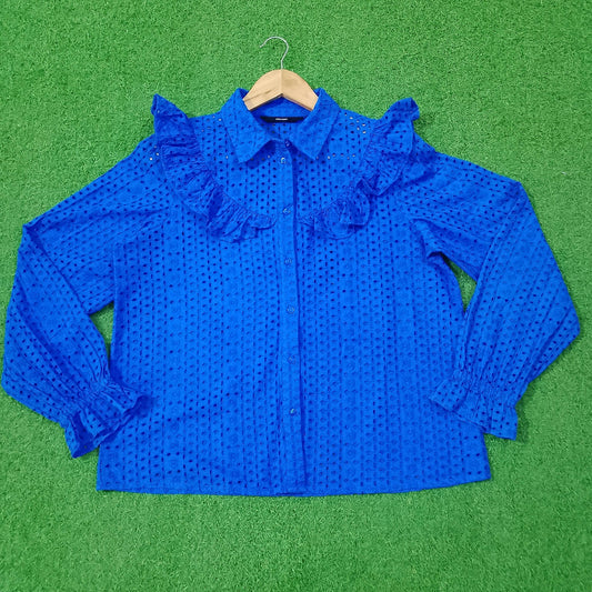 Royal Blue Eyelet Ruffle Shoulder Full Sleeve Shirt western preloved - alternate view