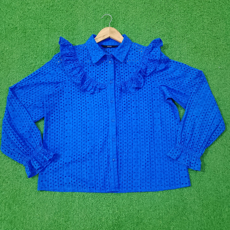 Royal Blue Eyelet Ruffle Shoulder Full Sleeve Shirt