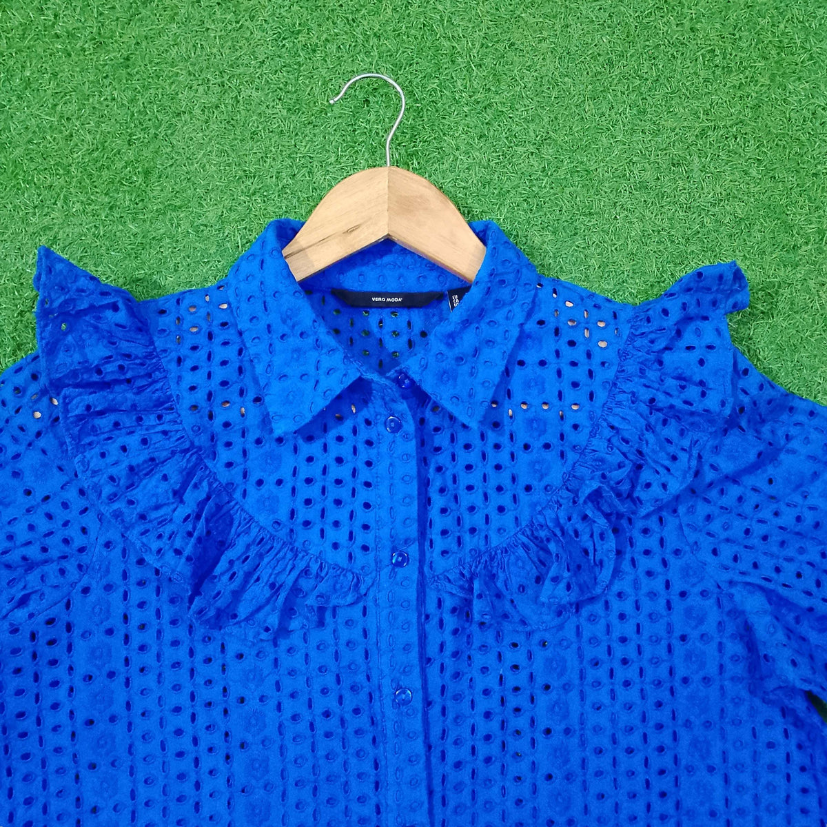 Royal Blue Eyelet Ruffle Shoulder Full Sleeve Shirt western preloved