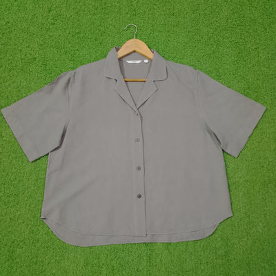 Grey Open Collar Short Sleeve Cropped Shirt - alternate view