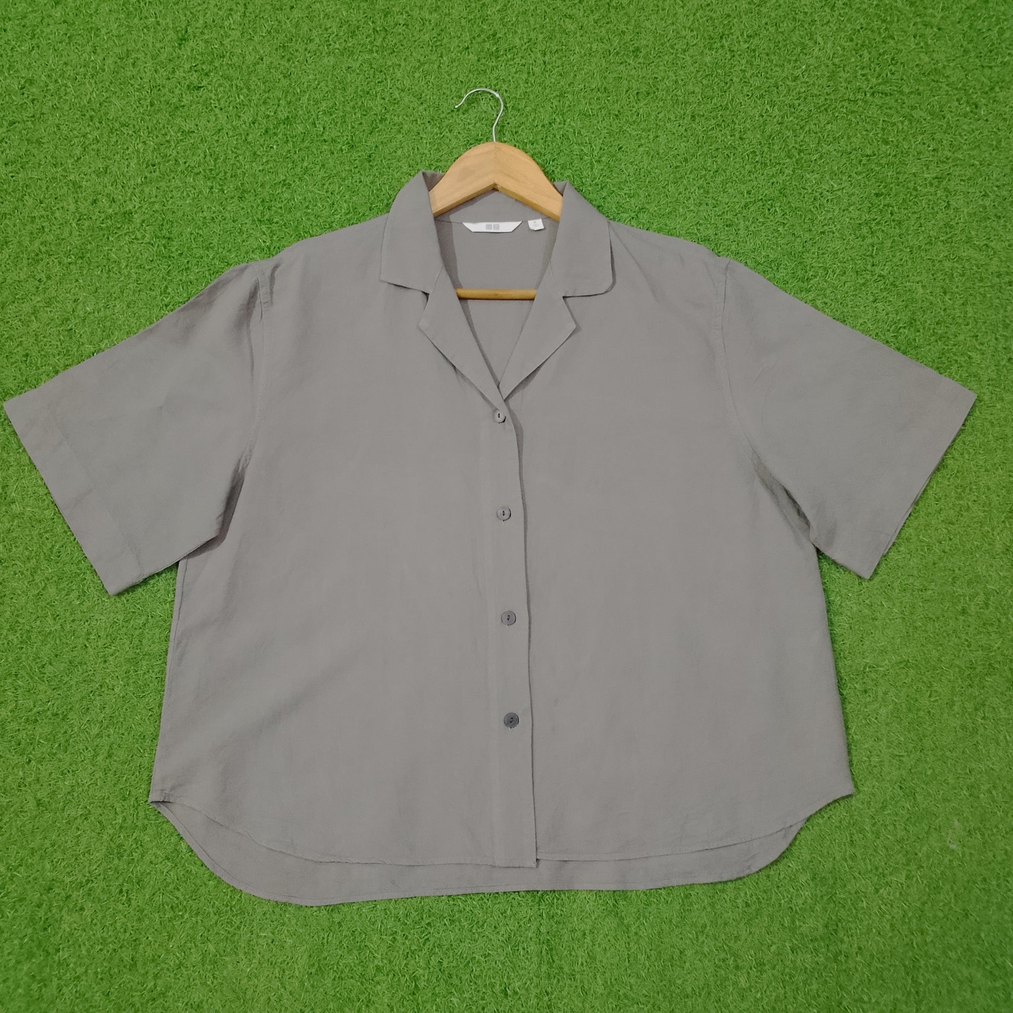 Grey Open Collar Short Sleeve Cropped Shirt