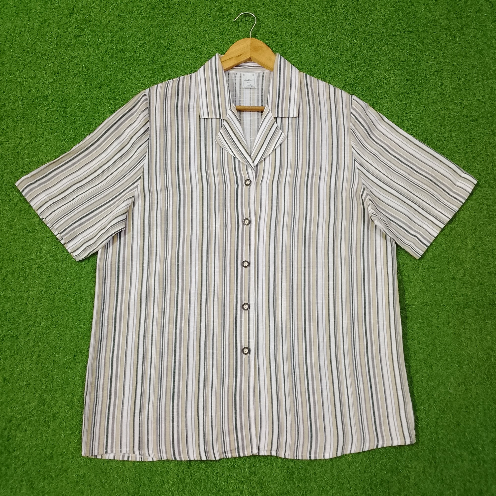 White Multi Stripe Open Collar Short Sleeve Shirt