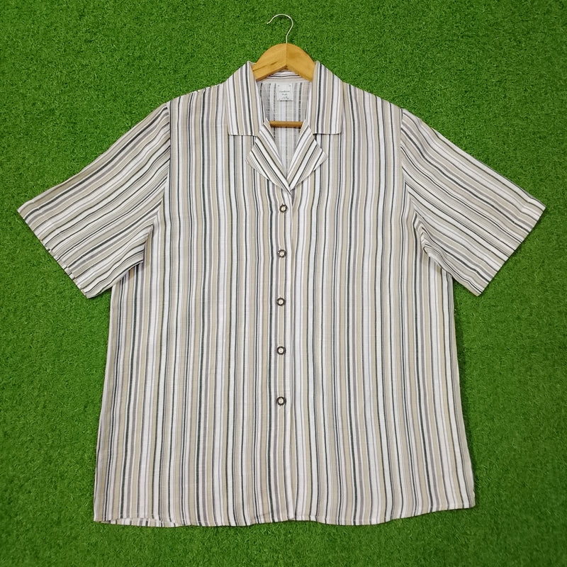 White Multi Stripe Open Collar Short Sleeve Shirt
