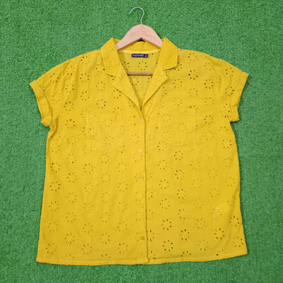 Yellow Eyelet Floral Drop Shoulder Short Sleeve Shirt western preloved - alternate view