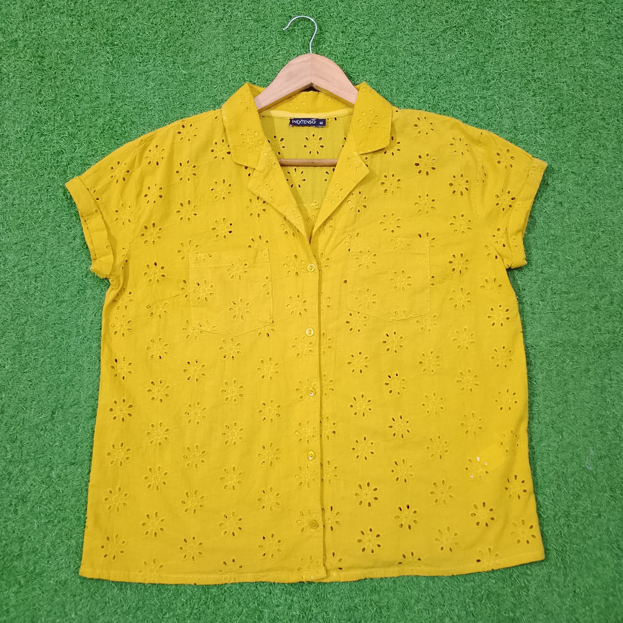 Yellow Eyelet Floral Drop Shoulder Short Sleeve Shirt