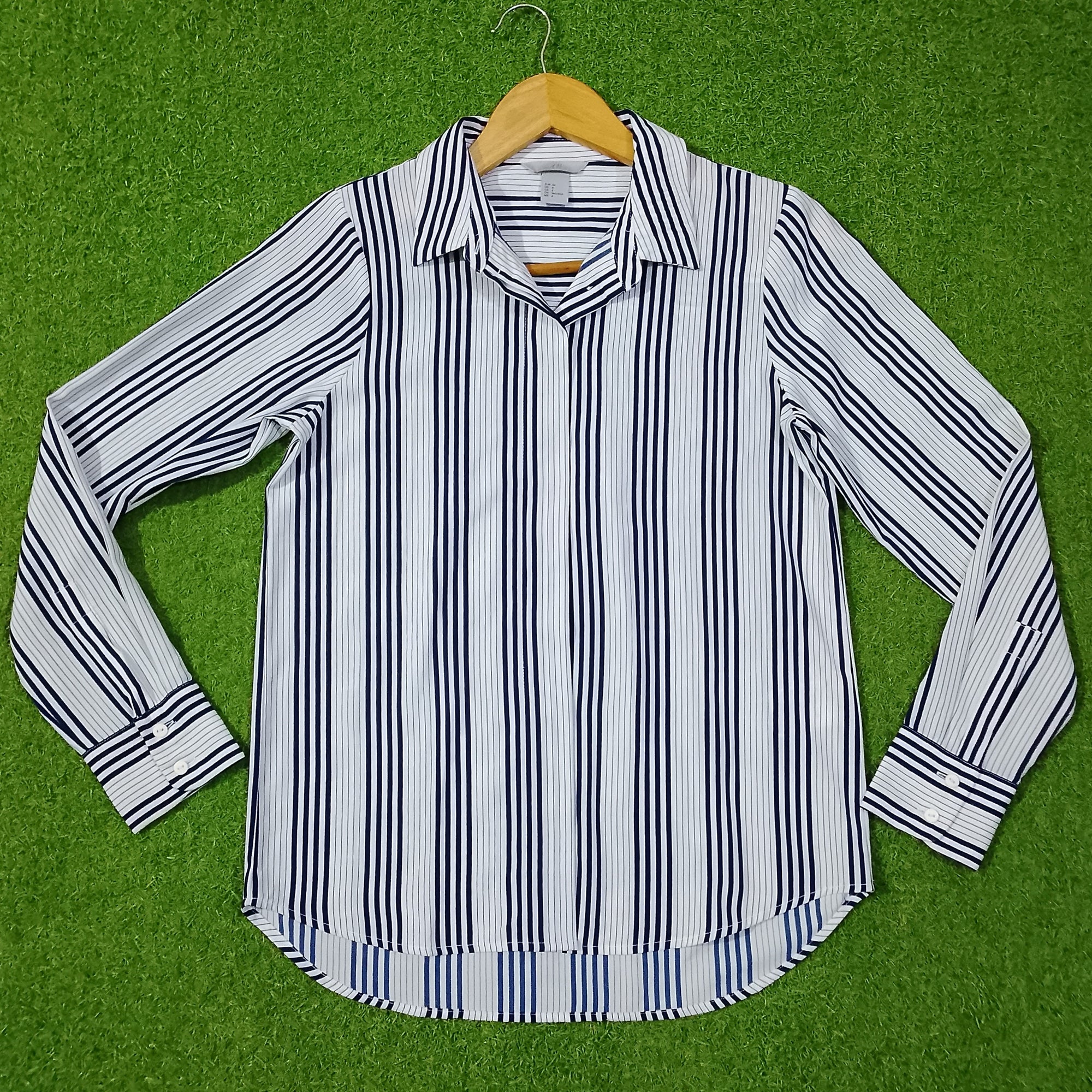 Blue Satin striped button-down shirt