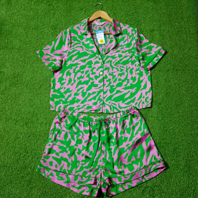 Abstract Animal Print Notch Collar Crop Short Sleeve Shirt & Shorts Co-ord Set western preloved