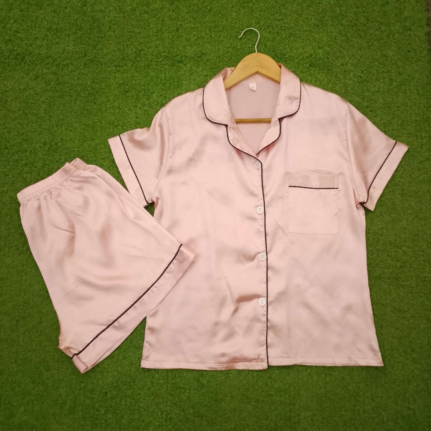 Blush Notch Collar Dark Piping Short Sleeve Shirt & Shorts Pyjama Set western preloved