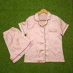 Blush Notch Collar Dark Piping Short Sleeve Shirt & Shorts Pyjama Set
