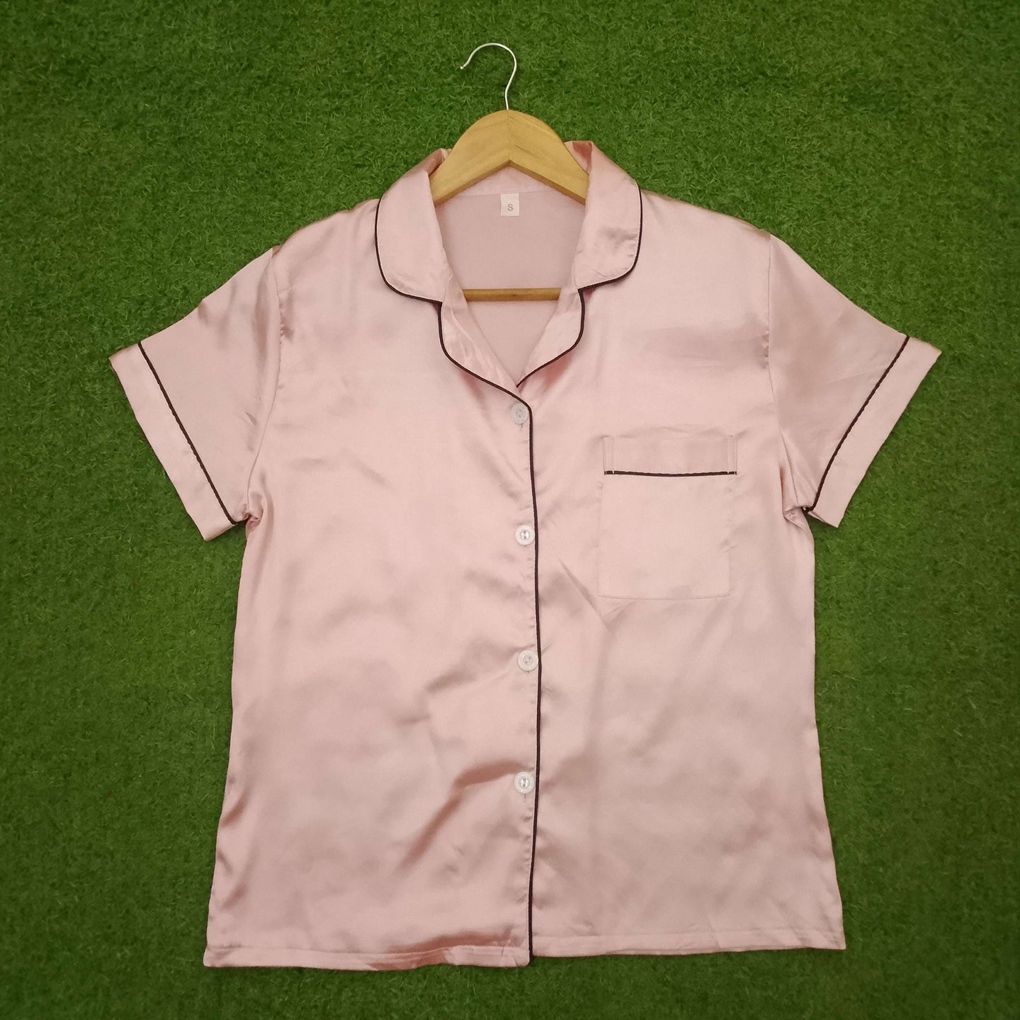 Blush Notch Collar Dark Piping Short Sleeve Shirt & Shorts Pyjama Set western preloved
