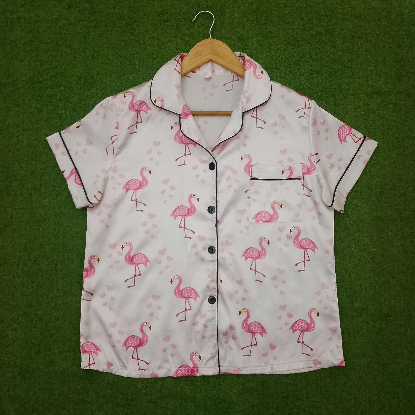Flamingo Print Notch Collar Dark Piping Short Sleeve Shirt & Shorts Pyjama Set western preloved