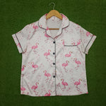 Flamingo Print Notch Collar Dark Piping Short Sleeve Shirt & Shorts Pyjama Set