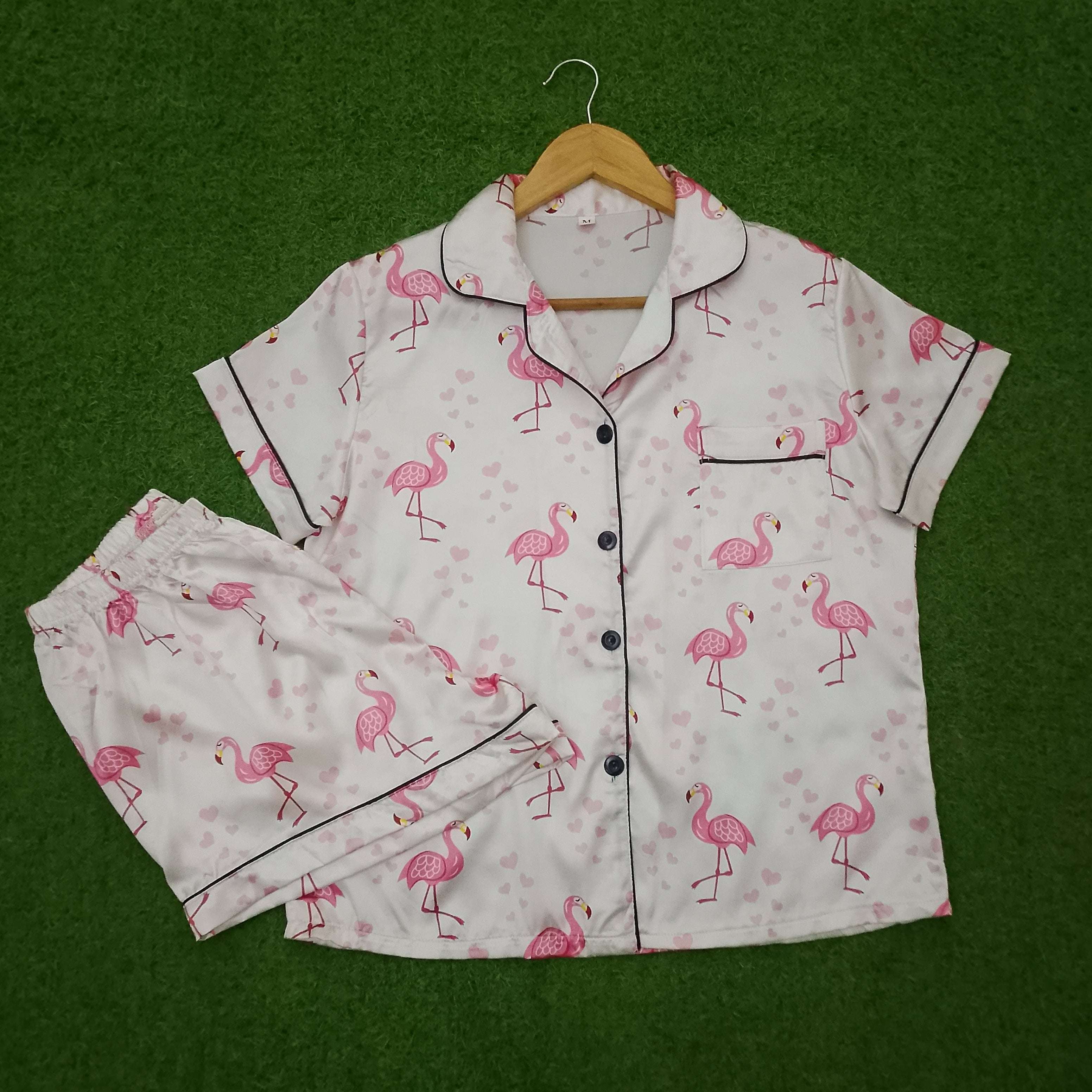 Flamingo Print Notch Collar Dark Piping Short Sleeve Shirt & Shorts Pyjama Set western preloved