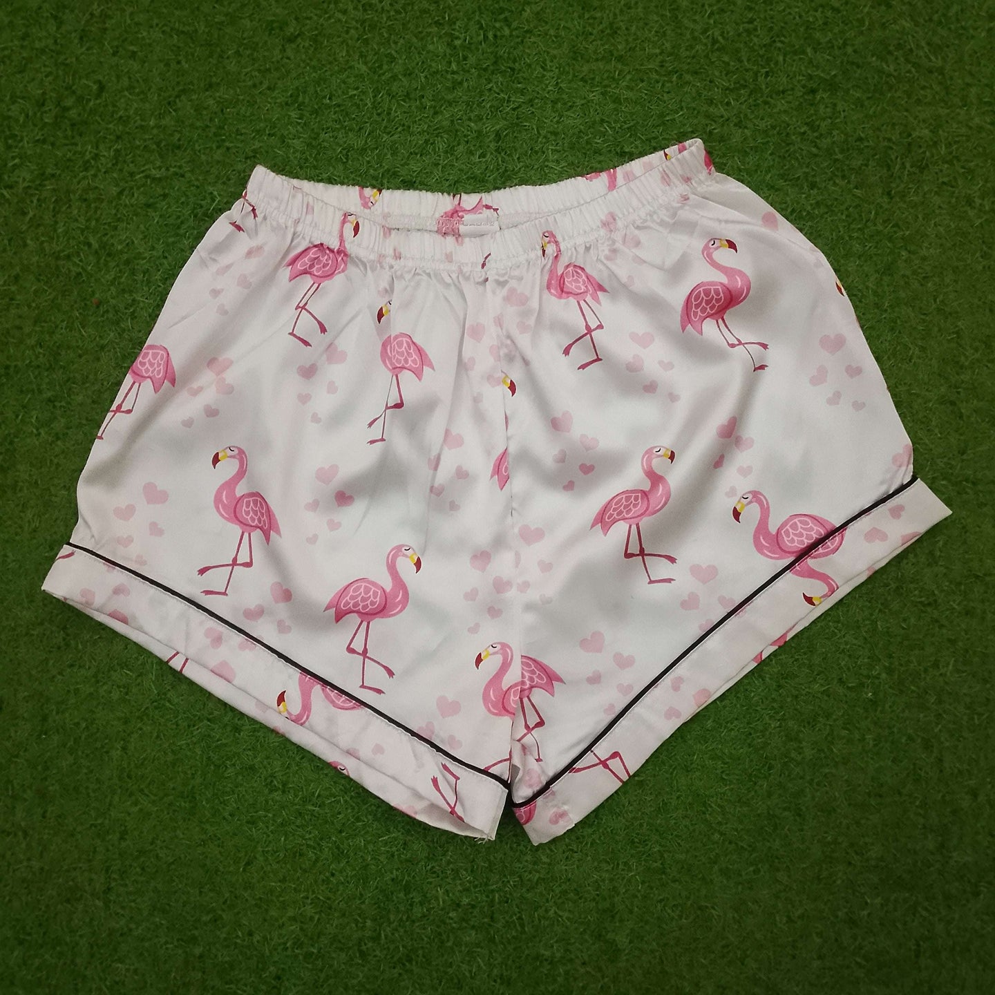 Flamingo Print Notch Collar Dark Piping Short Sleeve Shirt & Shorts Pyjama Set western preloved