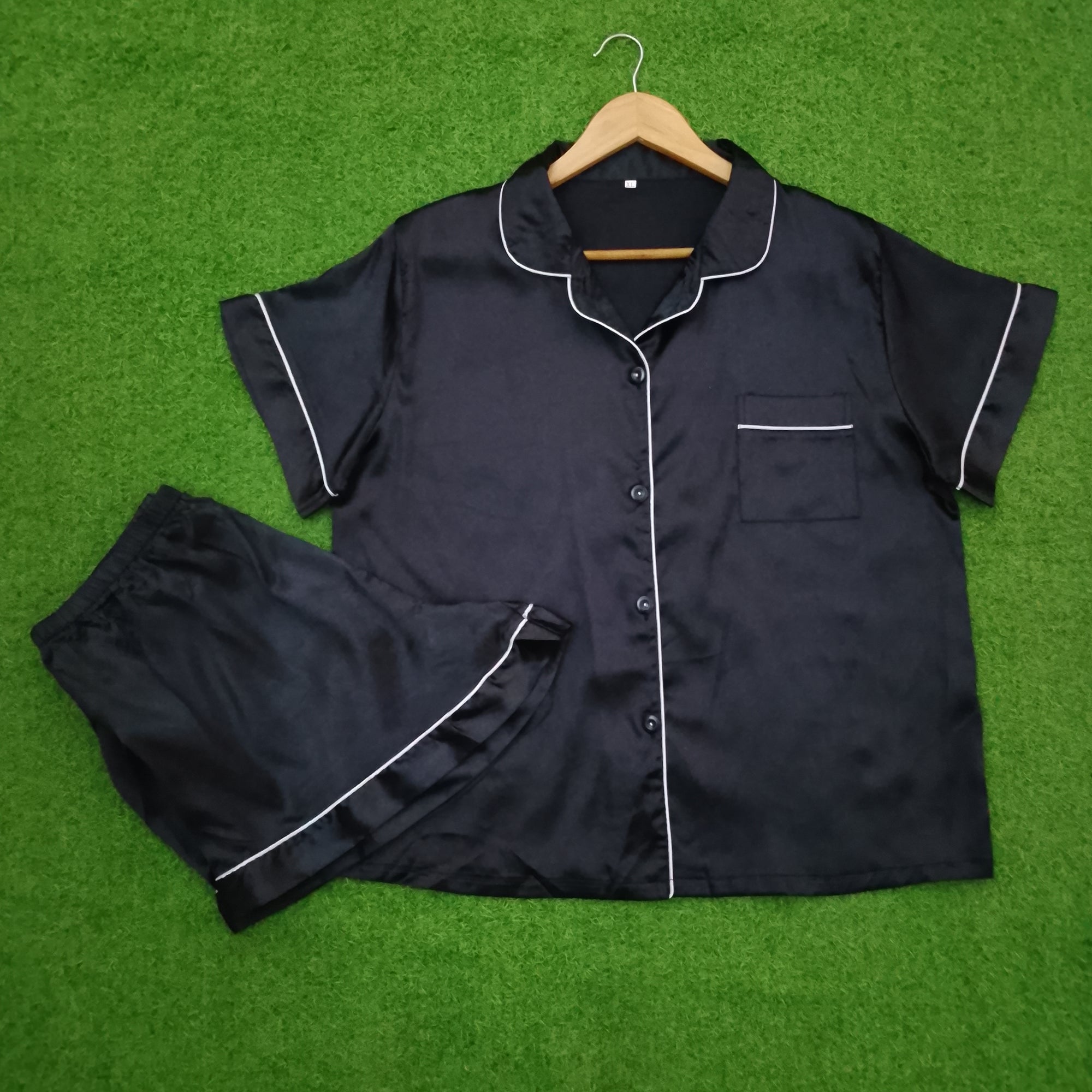 Satin Notch Collar White Piping Short Sleeve Shirt & Shorts Pyjama Set
