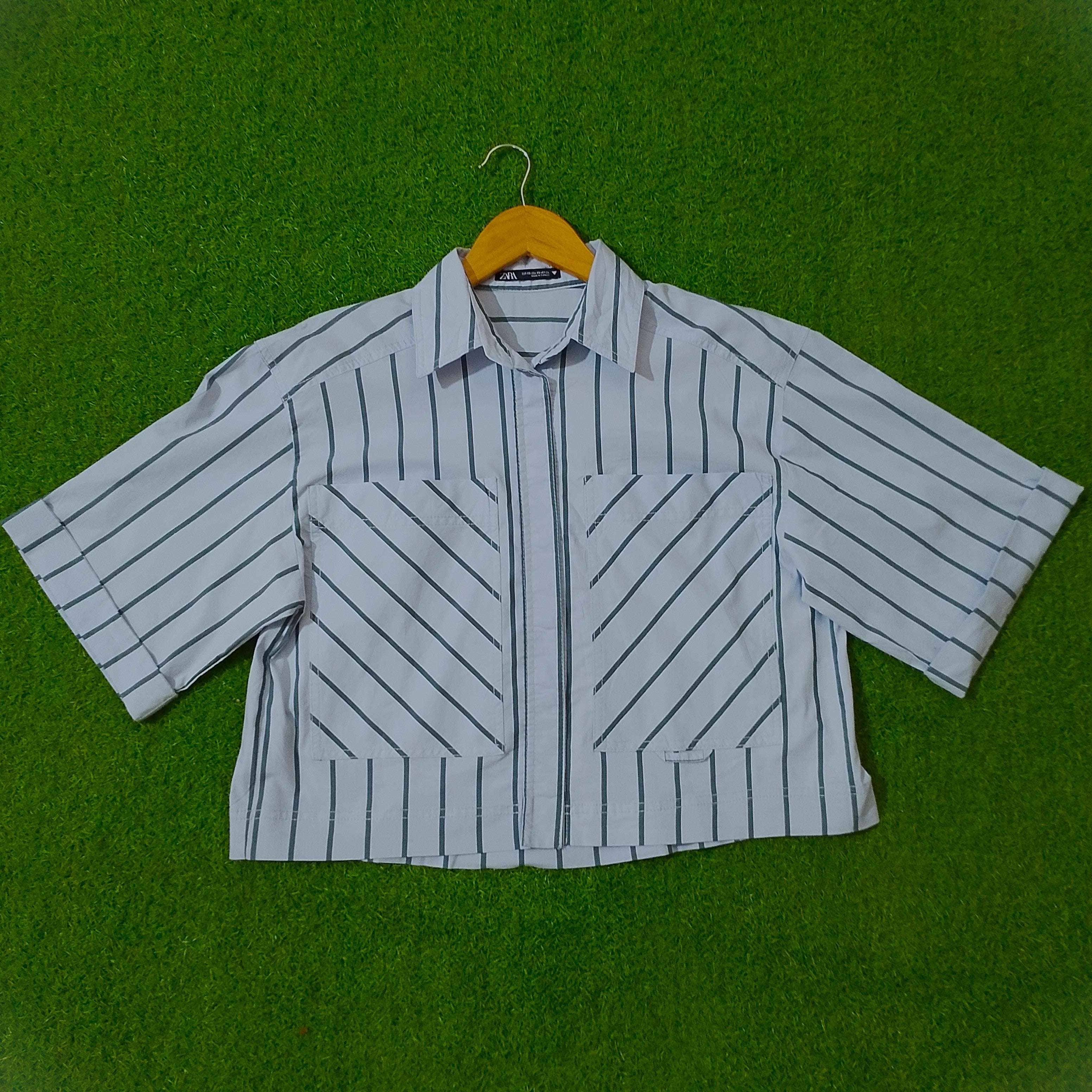 Light Blue Striped Oversized Crop Shirt western preloved