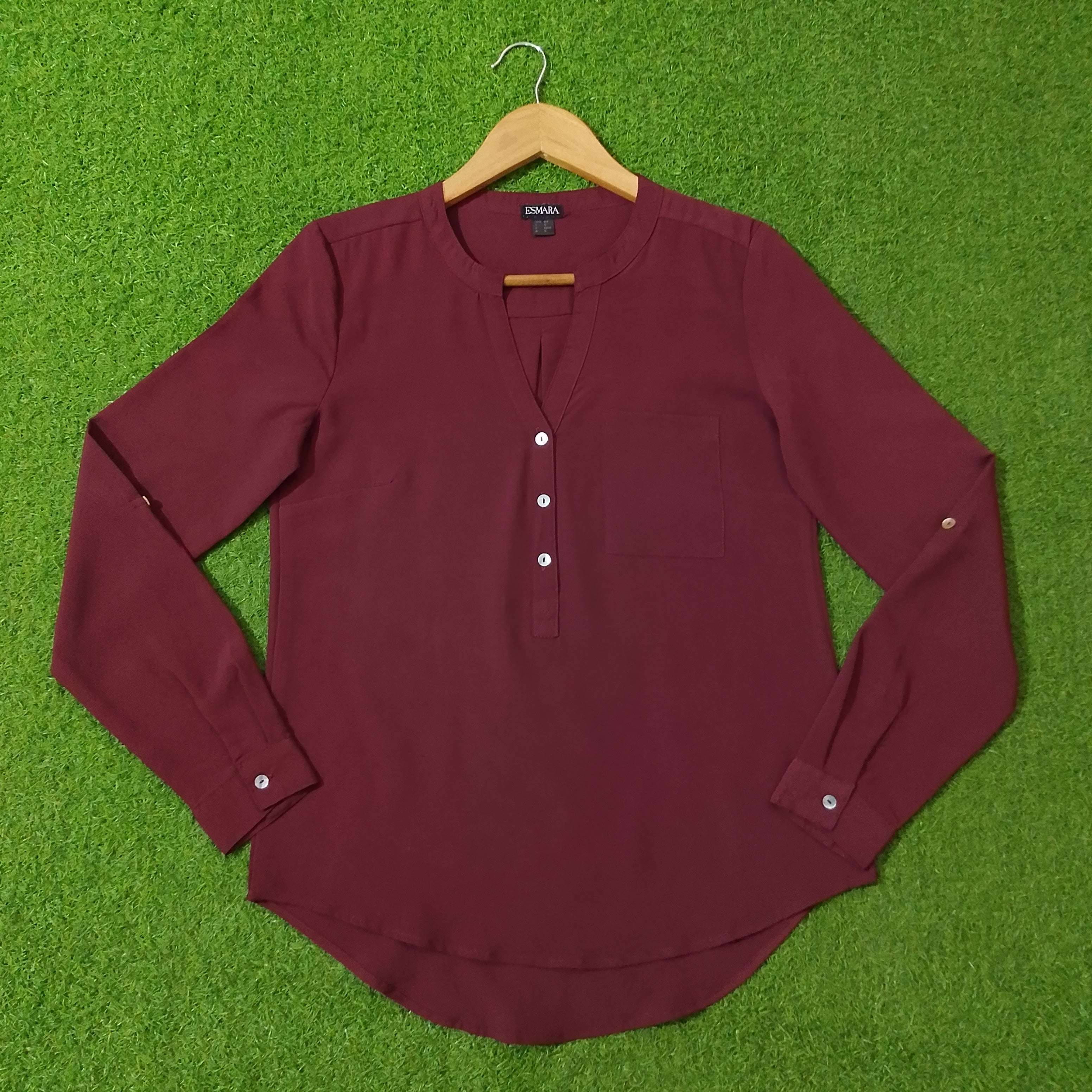Wine V-Neck Half Placket Full Sleeve Curved Hem Top western preloved